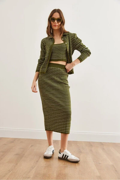 Women's Khaki 3-Piece Striped Knit Set TKM-19000322 - 4