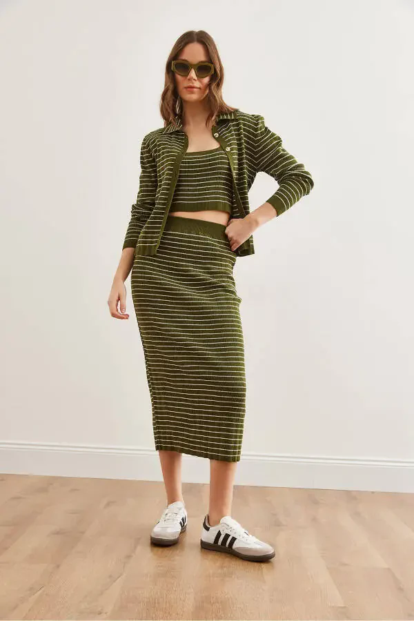 Women's Khaki 3-Piece Striped Knit Set TKM-19000322 - 4