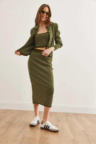 Women's Khaki 3-Piece Striped Knit Set TKM-19000322 - 5