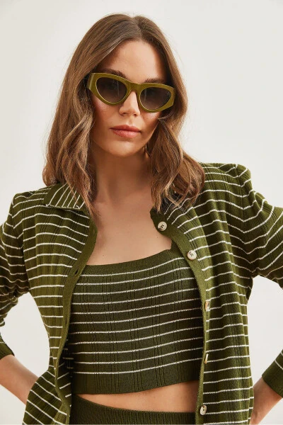 Women's Khaki 3-Piece Striped Knit Set TKM-19000322 - 6