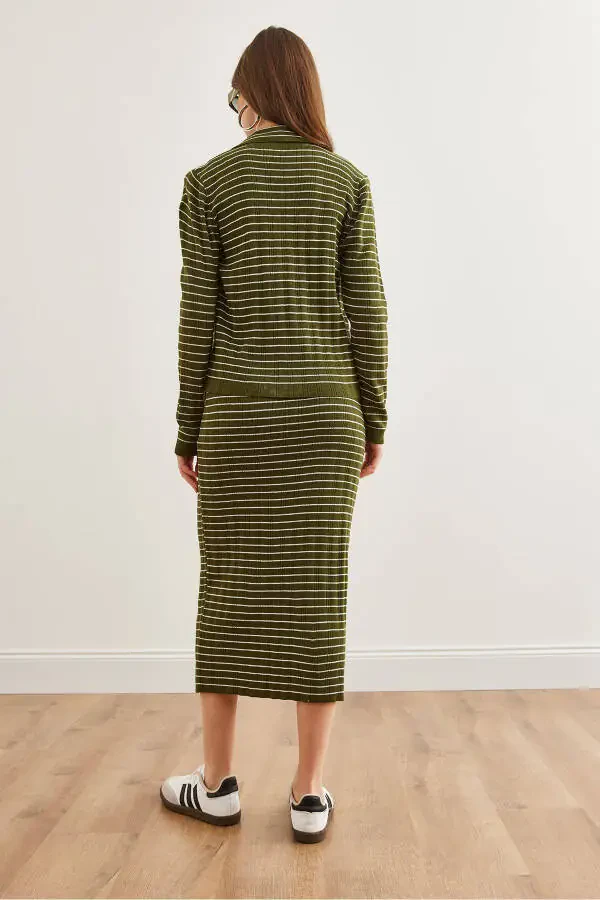 Women's Khaki 3-Piece Striped Knit Set TKM-19000322 - 7