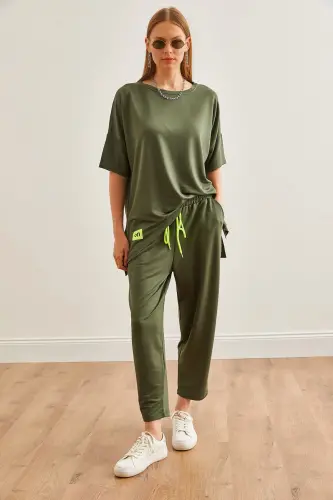 Women's Khaki Asymmetric Blouse Soft Textured Set 