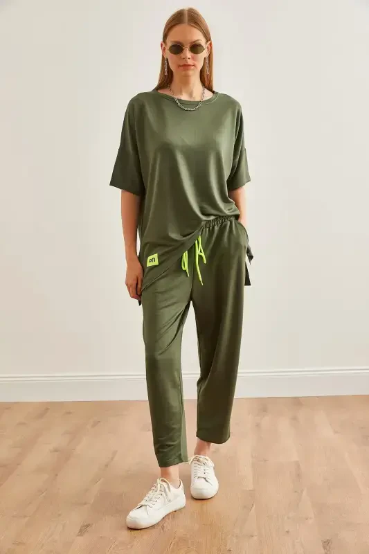 Women's Khaki Asymmetric Blouse Soft Textured Set - OLALOOK