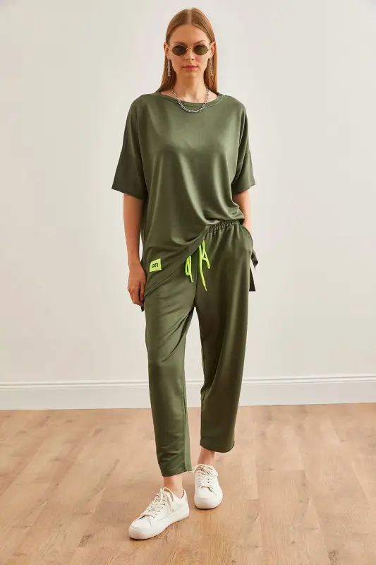 Women's Khaki Asymmetric Blouse Soft Textured Set - 1