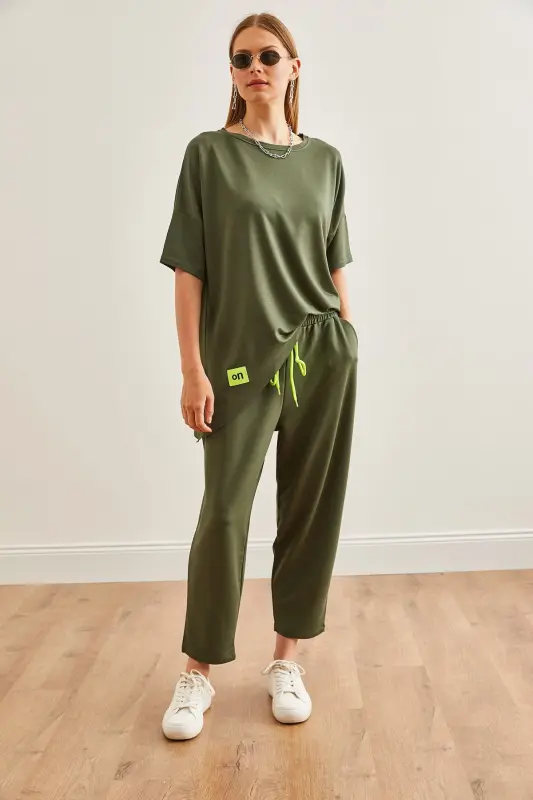 Women's Khaki Asymmetric Blouse Soft Textured Set - 2