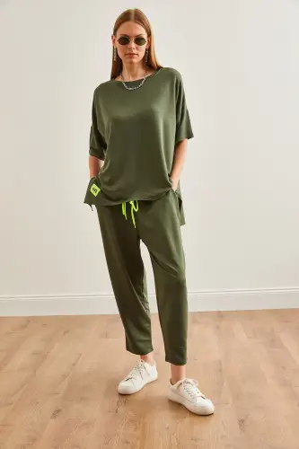 Women's Khaki Asymmetric Blouse Soft Textured Set - 4