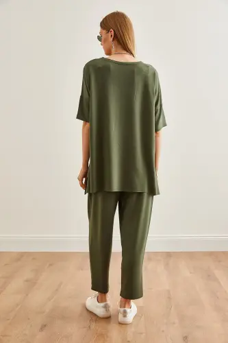 Women's Khaki Asymmetric Blouse Soft Textured Set - 5
