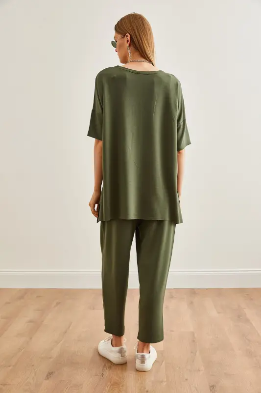 Women's Khaki Asymmetric Blouse Soft Textured Set - 5