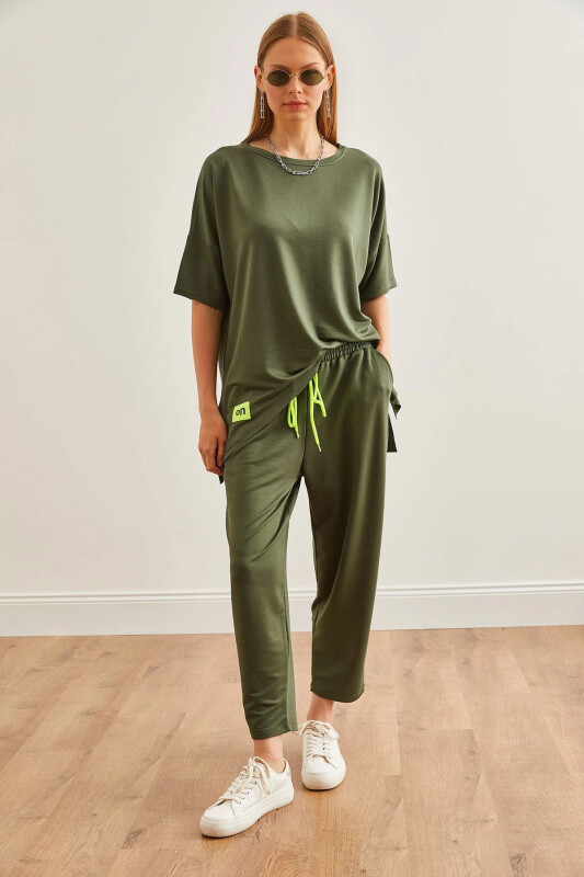 Women's Khaki Asymmetric Blouse Soft Textured Set - OLALOOK