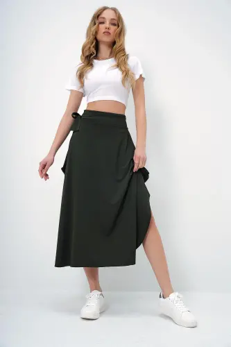 Women's Khaki Asymmetrical Belted Skirt - TREND ALAÇATI STILI (1)
