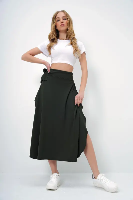 Women's Khaki Asymmetrical Belted Skirt - 3