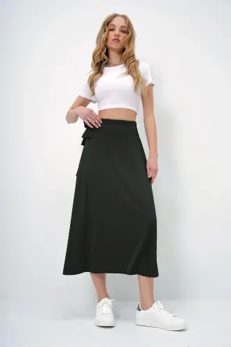 Women's Khaki Asymmetrical Belted Skirt - 4