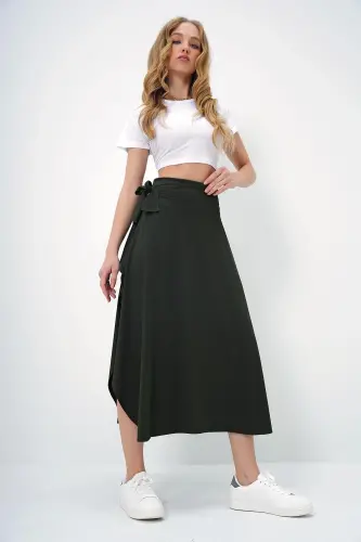 Women's Khaki Asymmetrical Belted Skirt - 5