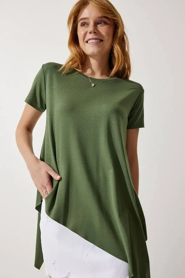 Women's Khaki Asymmetrical Viscose Knitted T-shirt EN00599 - 1