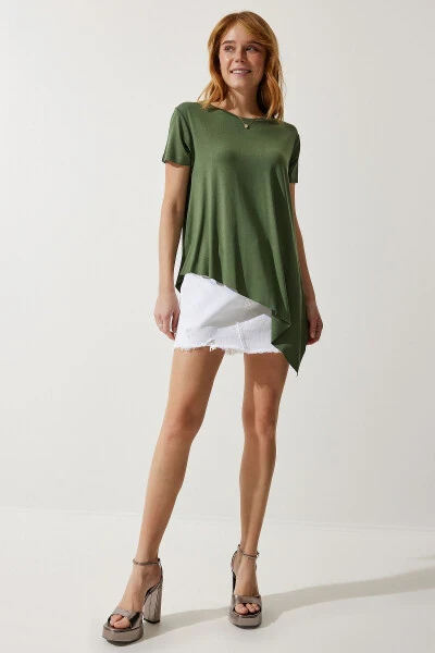Women's Khaki Asymmetrical Viscose Knitted T-shirt EN00599 - HAPPINESS İSTANBUL (1)