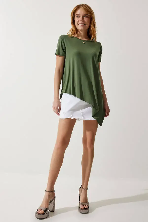 Women's Khaki Asymmetrical Viscose Knitted T-shirt EN00599 - 2