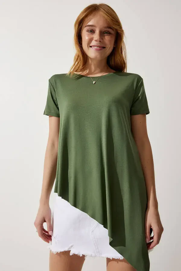 Women's Khaki Asymmetrical Viscose Knitted T-shirt EN00599 - 3