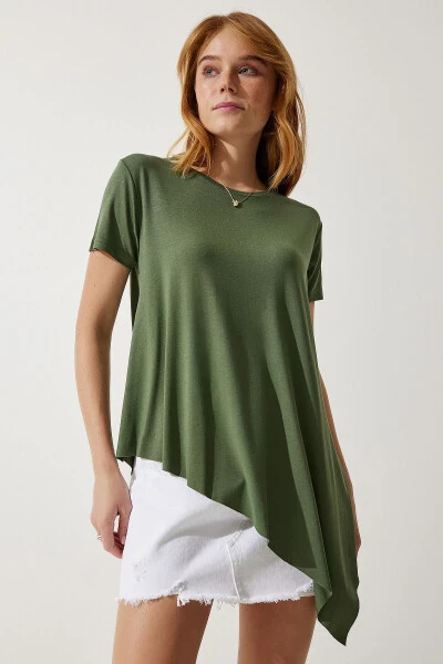 Women's Khaki Asymmetrical Viscose Knitted T-shirt EN00599 - 4