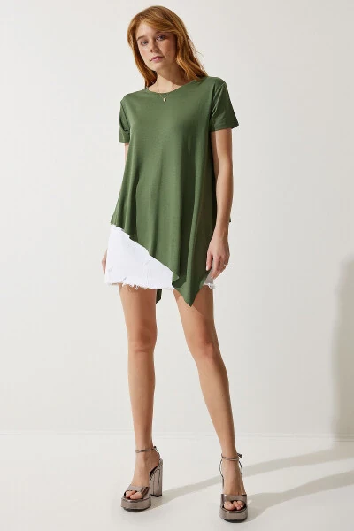 Women's Khaki Asymmetrical Viscose Knitted T-shirt EN00599 - 5