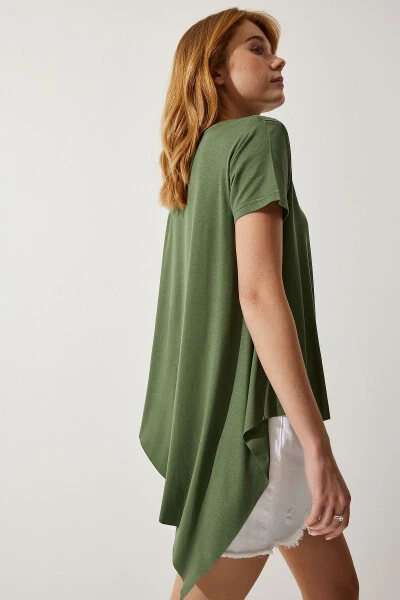 Women's Khaki Asymmetrical Viscose Knitted T-shirt EN00599 - 6