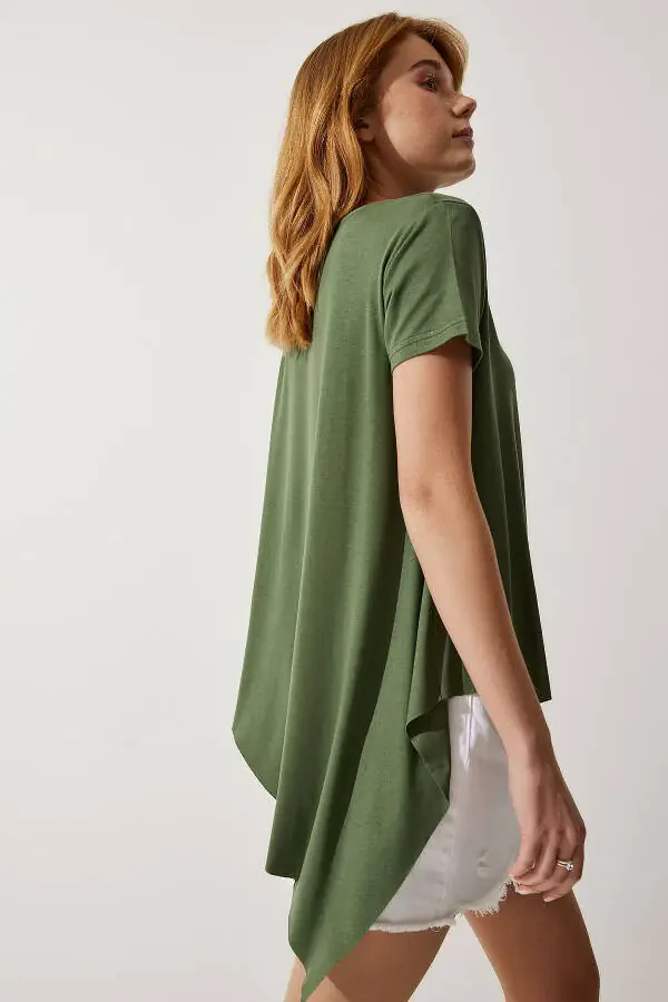 Women's Khaki Asymmetrical Viscose Knitted T-shirt EN00599 - 6