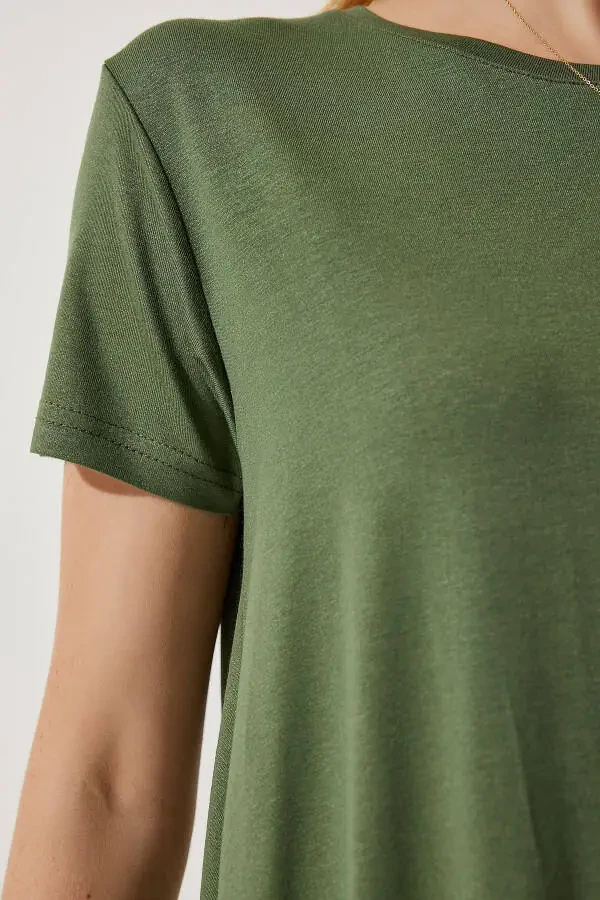 Women's Khaki Asymmetrical Viscose Knitted T-shirt EN00599 - 7