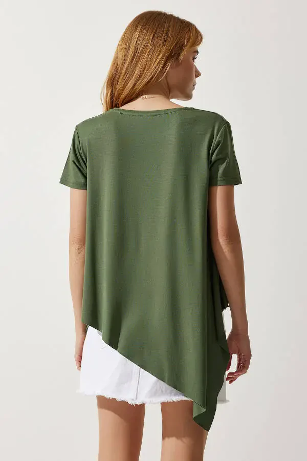Women's Khaki Asymmetrical Viscose Knitted T-shirt EN00599 - 8