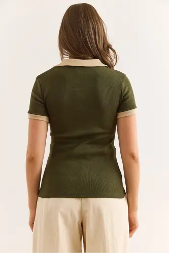 Women's Khaki Beige Polo Neck Color Detailed Flexible Cotton Blouse BLZ-19002920-Khaki Beige - 2