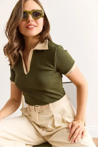 Women's Khaki Beige Polo Neck Color Detailed Flexible Cotton Blouse BLZ-19002920-Khaki Beige - 6