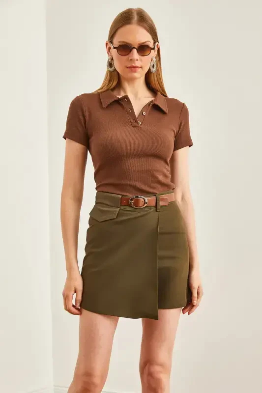 Women's Khaki Belted Flap Detail Cotton Gabardine Sho - 1