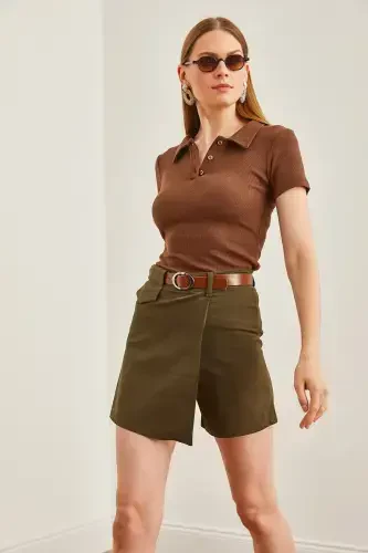 Women's Khaki Belted Flap Detail Cotton Gabardine Sho - 3