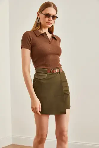 Women's Khaki Belted Flap Detail Cotton Gabardine Sho - 4