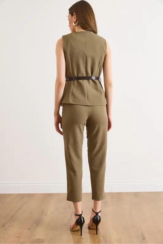 Women's Khaki Belted Vest and Trousers Set TKM-19000380 - Khaki - 6