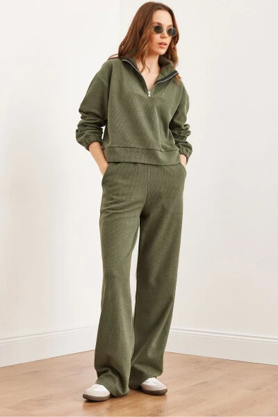 Women's Khaki Bottom and Top Polo Collar Salonic Set - Modazone