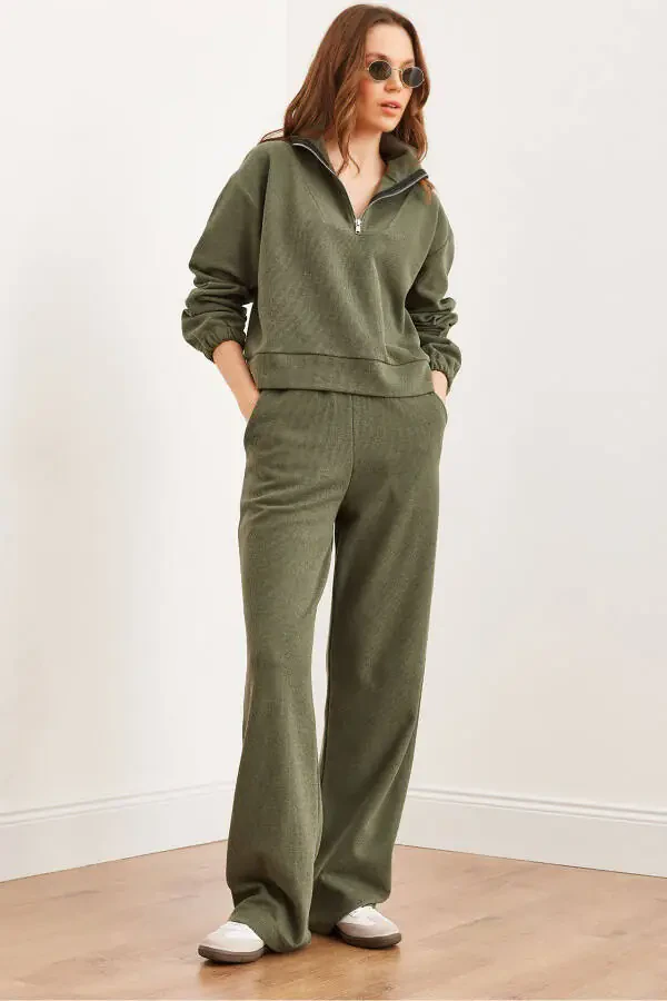 Women's Khaki Bottom and Top Polo Collar Salonic Set - 1