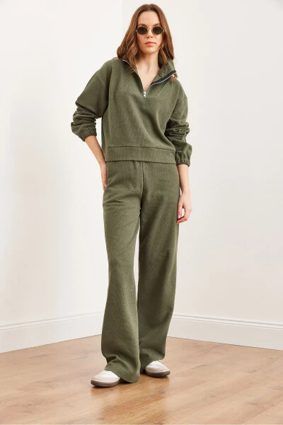 Women's Khaki Bottom and Top Polo Collar Salonic Set - Modazone (1)