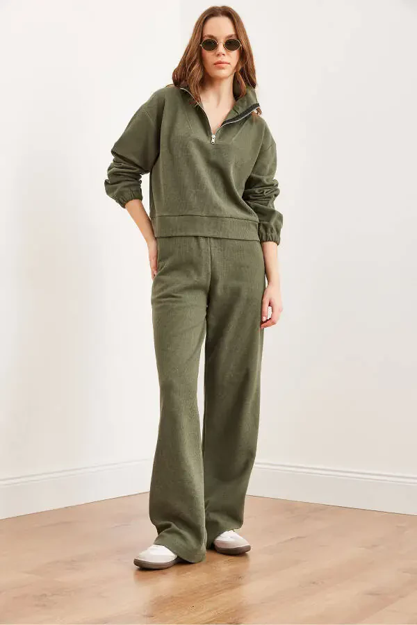 Women's Khaki Bottom and Top Polo Collar Salonic Set - 2