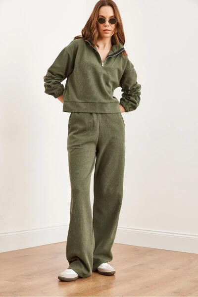 Women's Khaki Bottom and Top Polo Collar Salonic Set - 5