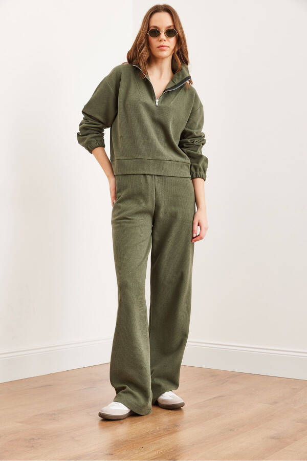 Women's Khaki Bottom and Top Polo Collar Salonic Set - 2