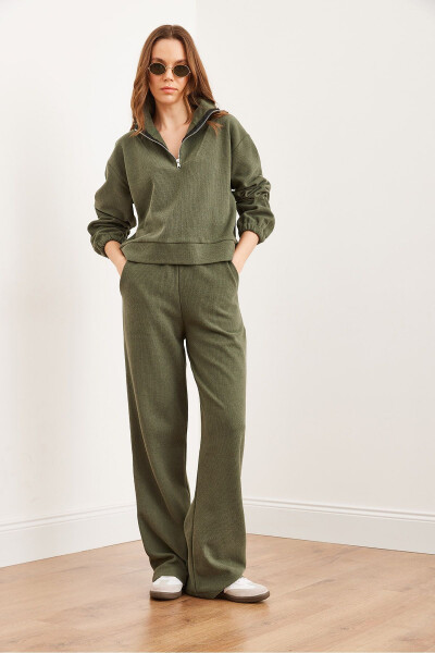 Women's Khaki Bottom and Top Polo Collar Salonic Set - 3