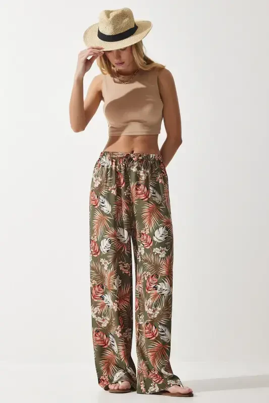 Women's Khaki Brick Patterned Flowy Viscose Palazzo Pants EN00606 - 1
