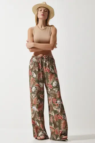 Women's Khaki Brick Patterned Flowy Viscose Palazzo Pants EN00606 - HAPPINESS İSTANBUL (1)