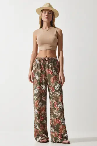 Women's Khaki Brick Patterned Flowy Viscose Palazzo Pants EN00606 - 3