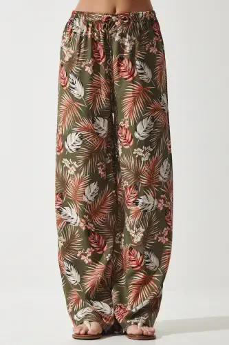 Women's Khaki Brick Patterned Flowy Viscose Palazzo Pants EN00606 - 4