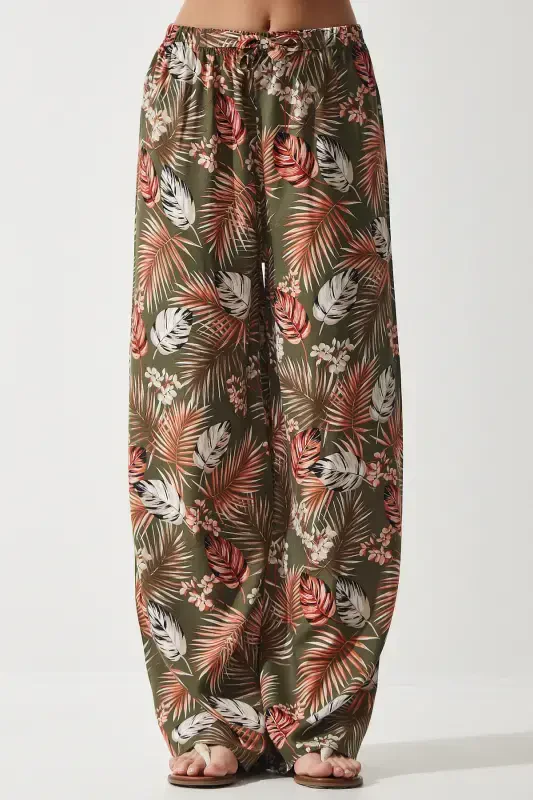 Women's Khaki Brick Patterned Flowy Viscose Palazzo Pants EN00606 - 4