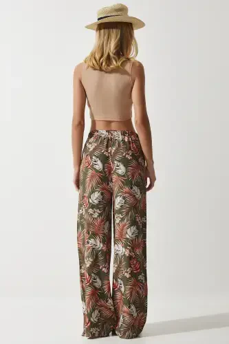 Women's Khaki Brick Patterned Flowy Viscose Palazzo Pants EN00606 - 6