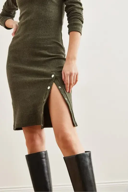 Women's Khaki Button Detailed Slit Flexible Sweatshirt - 3