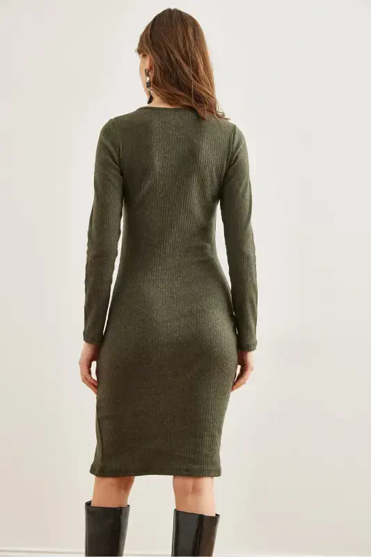 Women's Khaki Button Detailed Slit Flexible Sweatshirt - 4