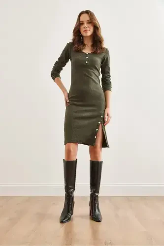 Women's Khaki Button Detailed Slit Flexible Sweatshirt - 5