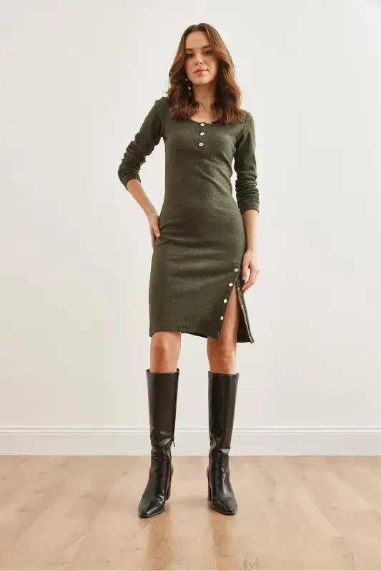 Women's Khaki Button Detailed Slit Flexible Sweatshirt - 5